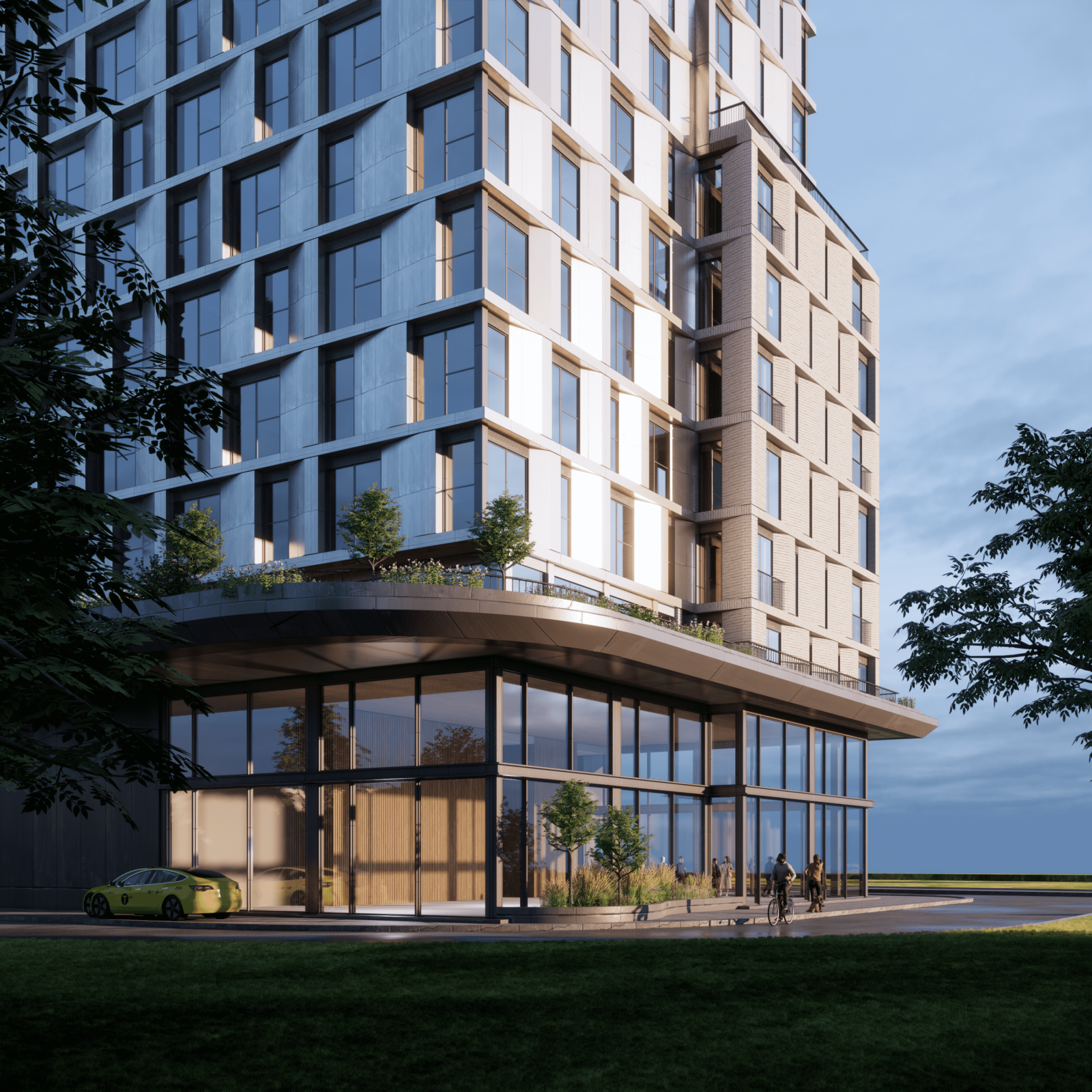 A rendering of the exterior of the condo, including angular glass details