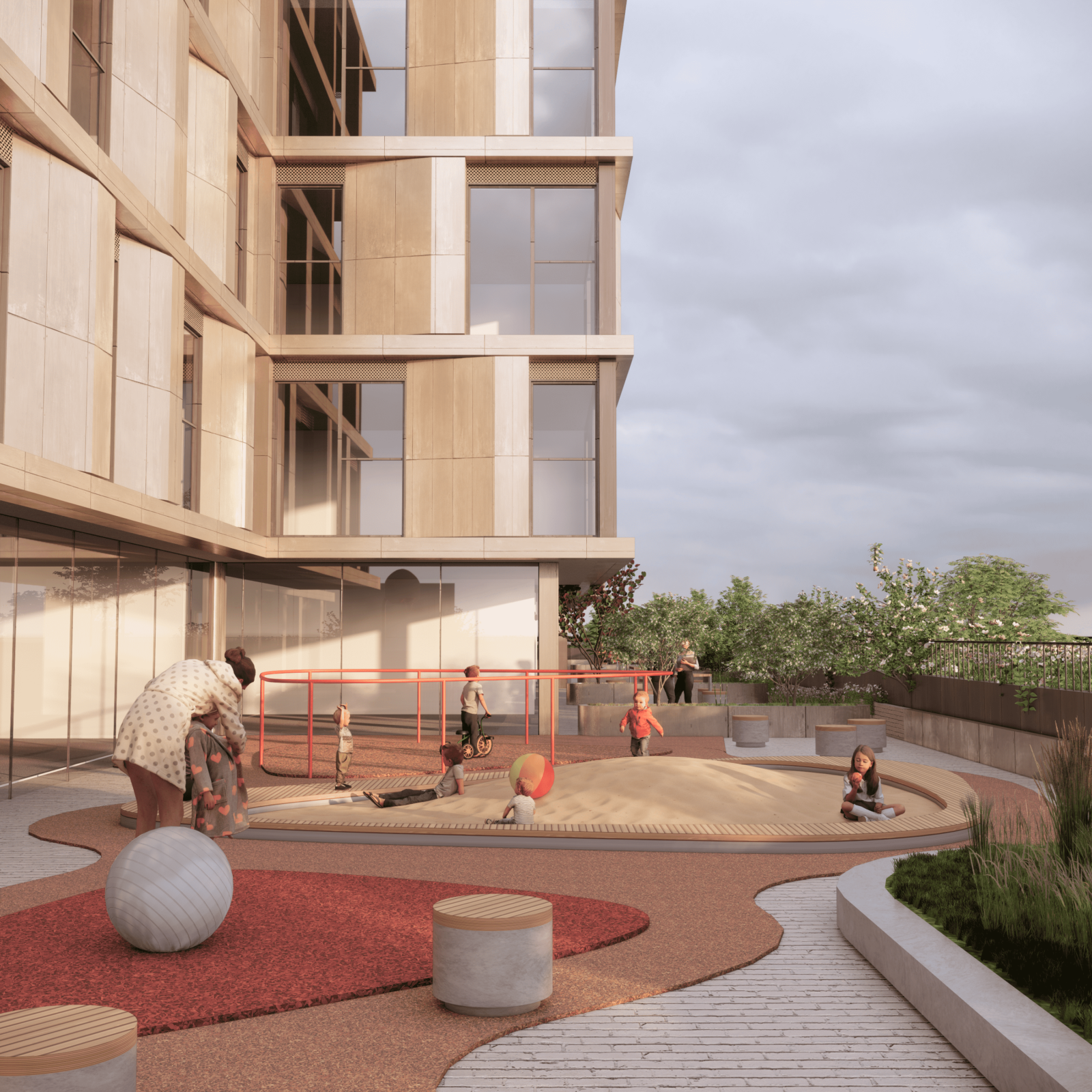 A rendering of a children's playground in front of the condo building with children playing